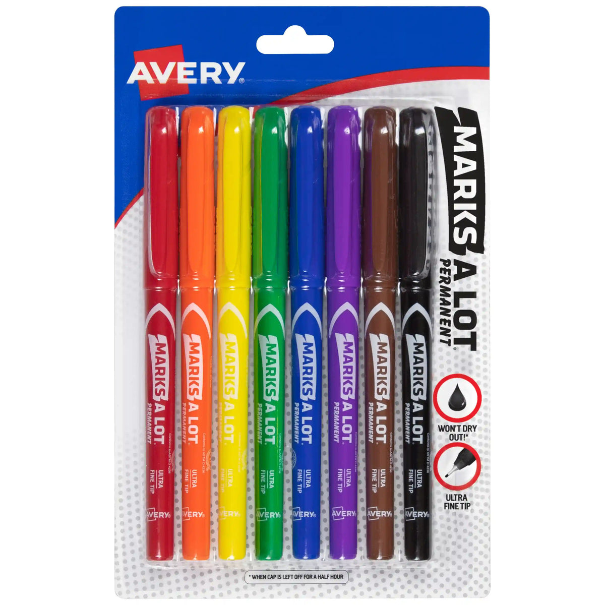 Avery(R) Marks A Lot(R) Permanent Markers, Pen-Style Size, Ultra Fine Tip, 8 Assorted Markers