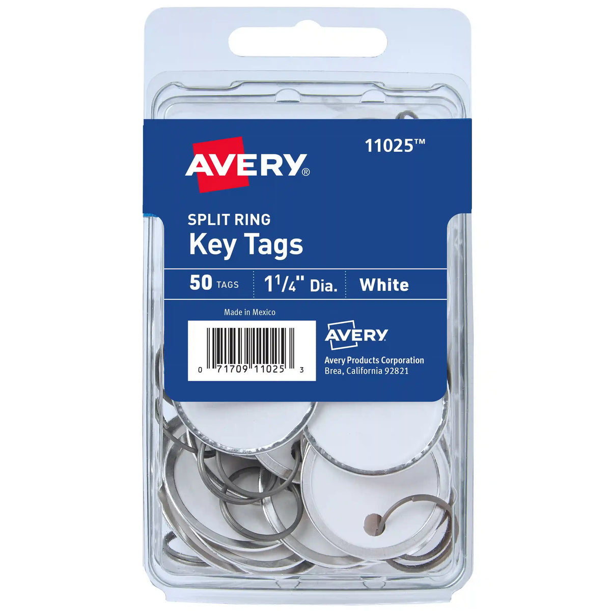 Avery® Metal Rim Key Tags, 1-1/4" Diameter, Metal Split Ring Included, White, Handwritable, 50 Tags