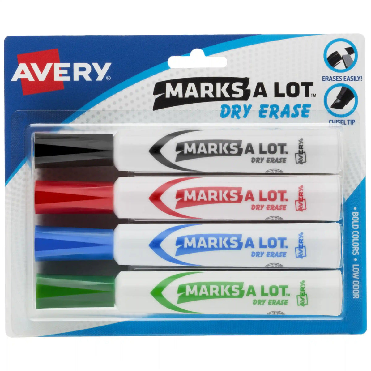 Avery(R) Marks A Lot(R) Desk-Style Dry Erase Markers, Chisel Tip, Assorted Colors, 4 Markers