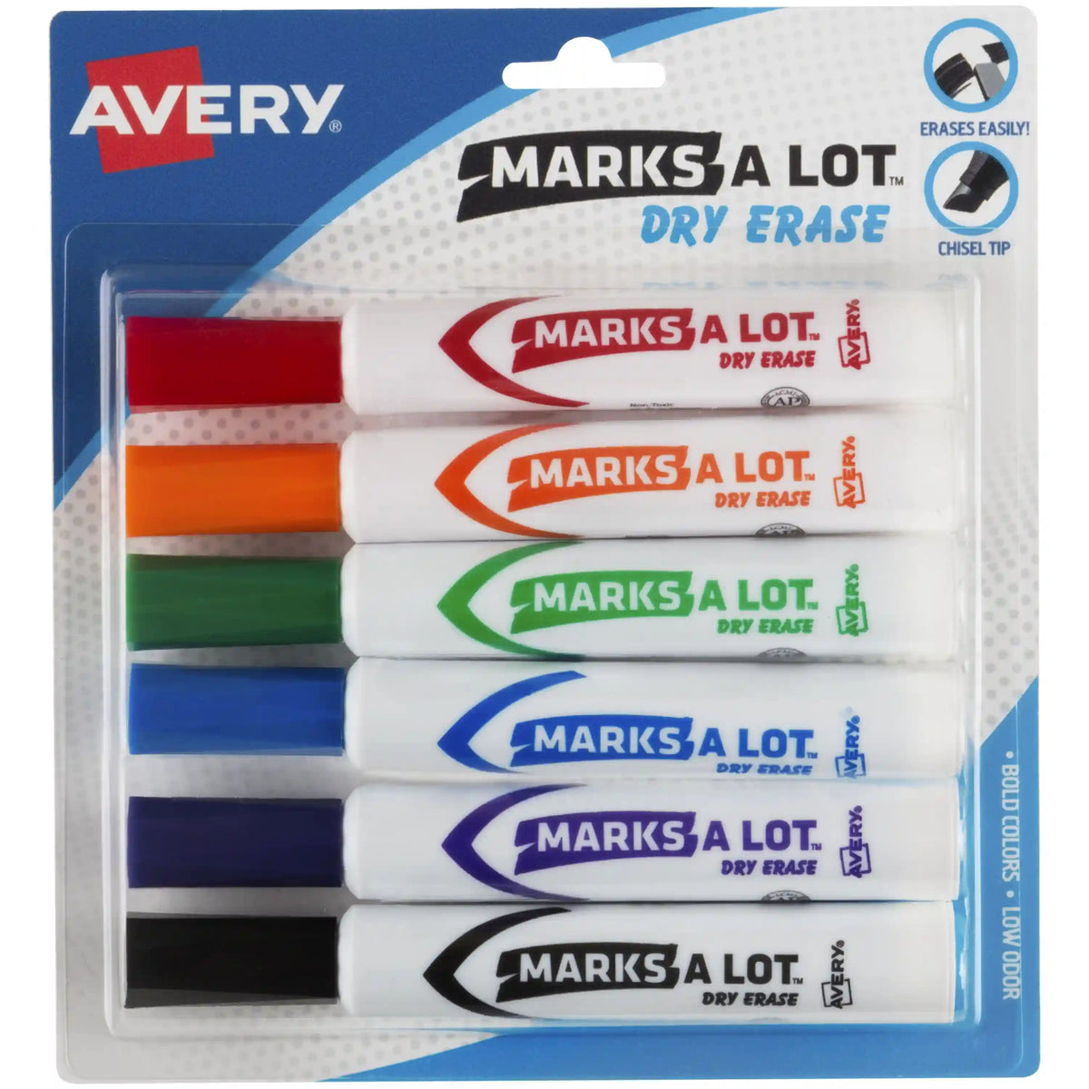 Avery(R) Marks A Lot(R) Desk-Style Dry Erase Markers, Chisel Tip, Assorted Colors, 6 Markers