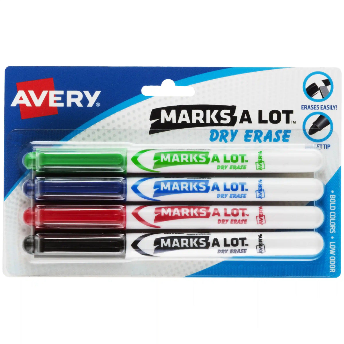 Avery(R) Marks A Lot(R) Pen-Style Dry Erase Markers, Bullet Tip, Assorted Colors, 4 Markers