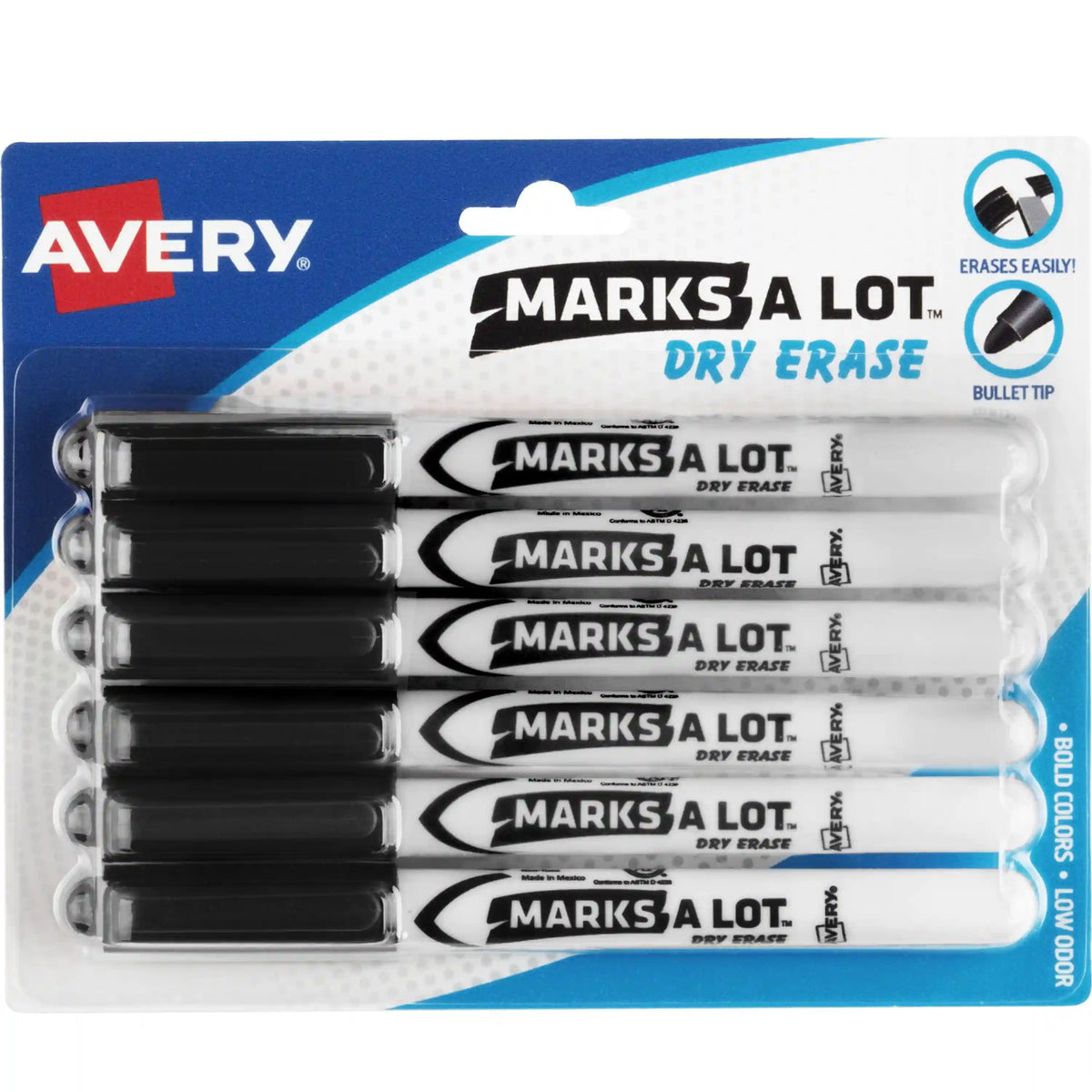 Avery(R) Marks A Lot(R) Pen-Style Dry Erase Markers, Bullet Tip, Black, 6 Pack