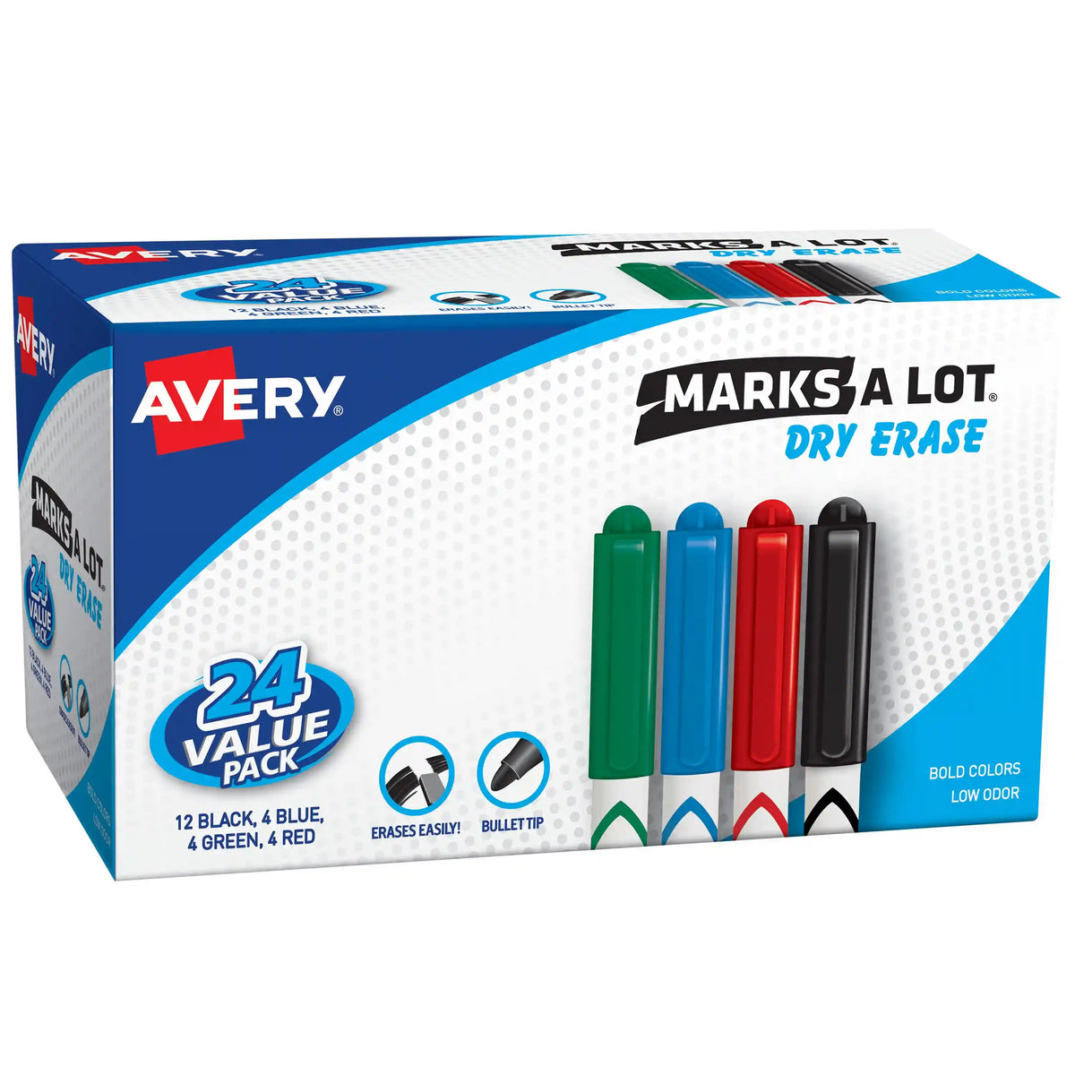 Avery(R) Marks A Lot(R) Pen-Style Dry Erase Markers, Bullet Tip, Assorted Colors, Value Pack of 24