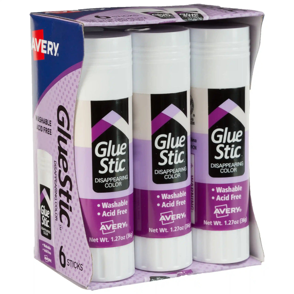 Avery® Glue Stic™, Disappearing Purple Glue Sticks, Washable, 1.27oz, 6 Total
