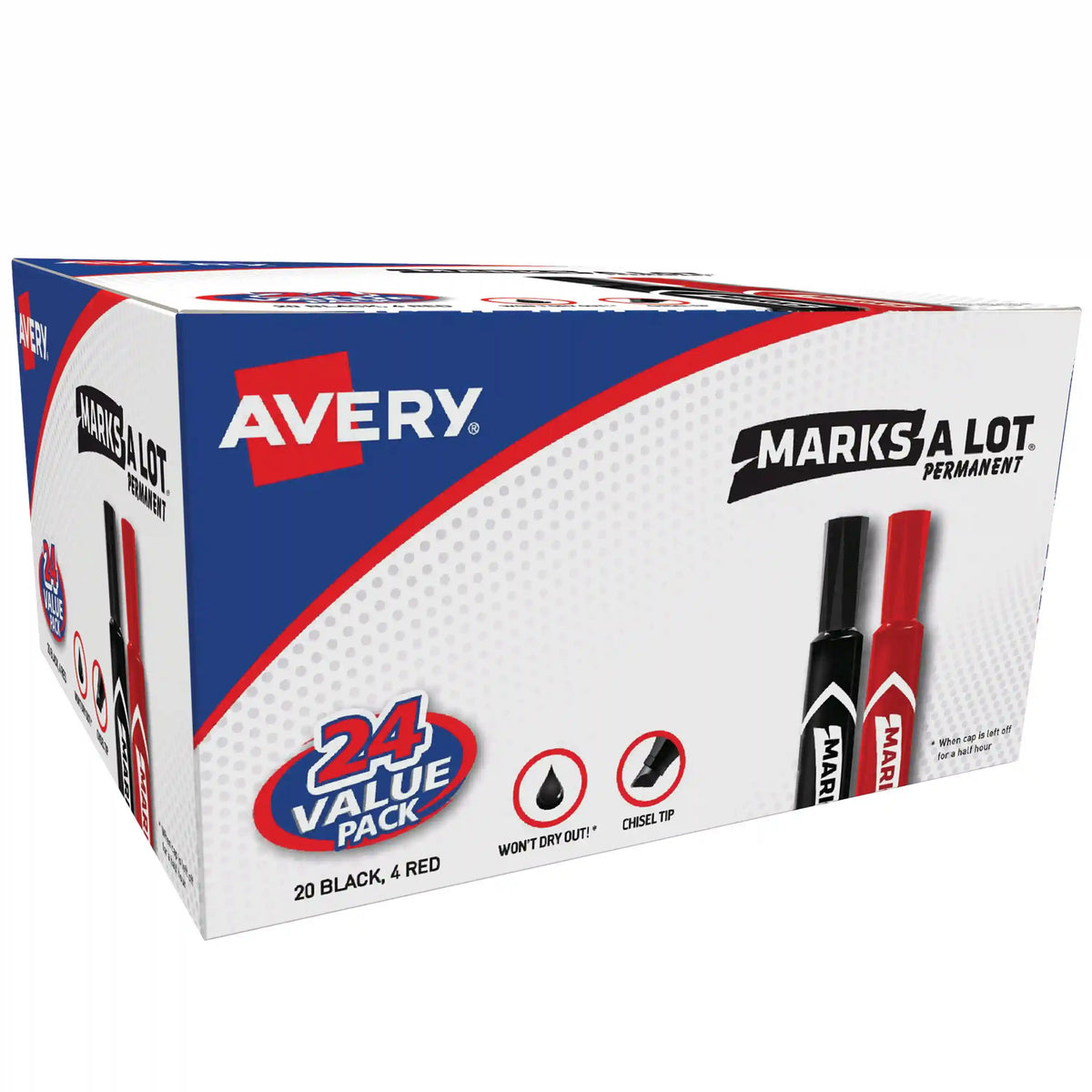 Avery Marks-A-Lot Permanent Markers, Regular Desk-Style Size, Chisel Tip, 24 Assorted Markers