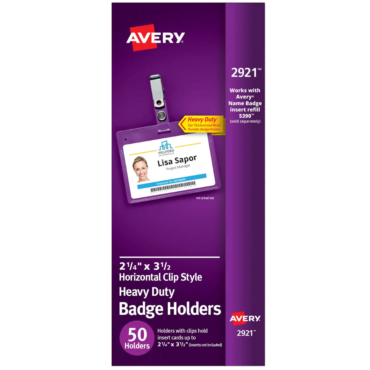 Avery® Heavy Duty Clip Style Badge Holders, 2-1/4" x 3-1/2", 50 Horizontal Name Badge Holders with Clips