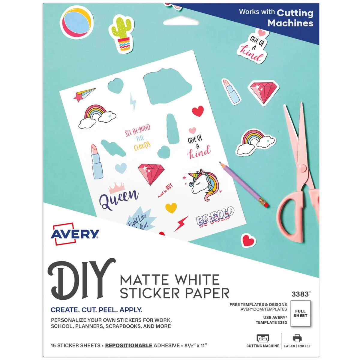 Avery Sticker Paper, 8-1/2" x 11", Matte White, Repositionable, Laser & Inkjet Compatible, 15 Full-Size Sheets