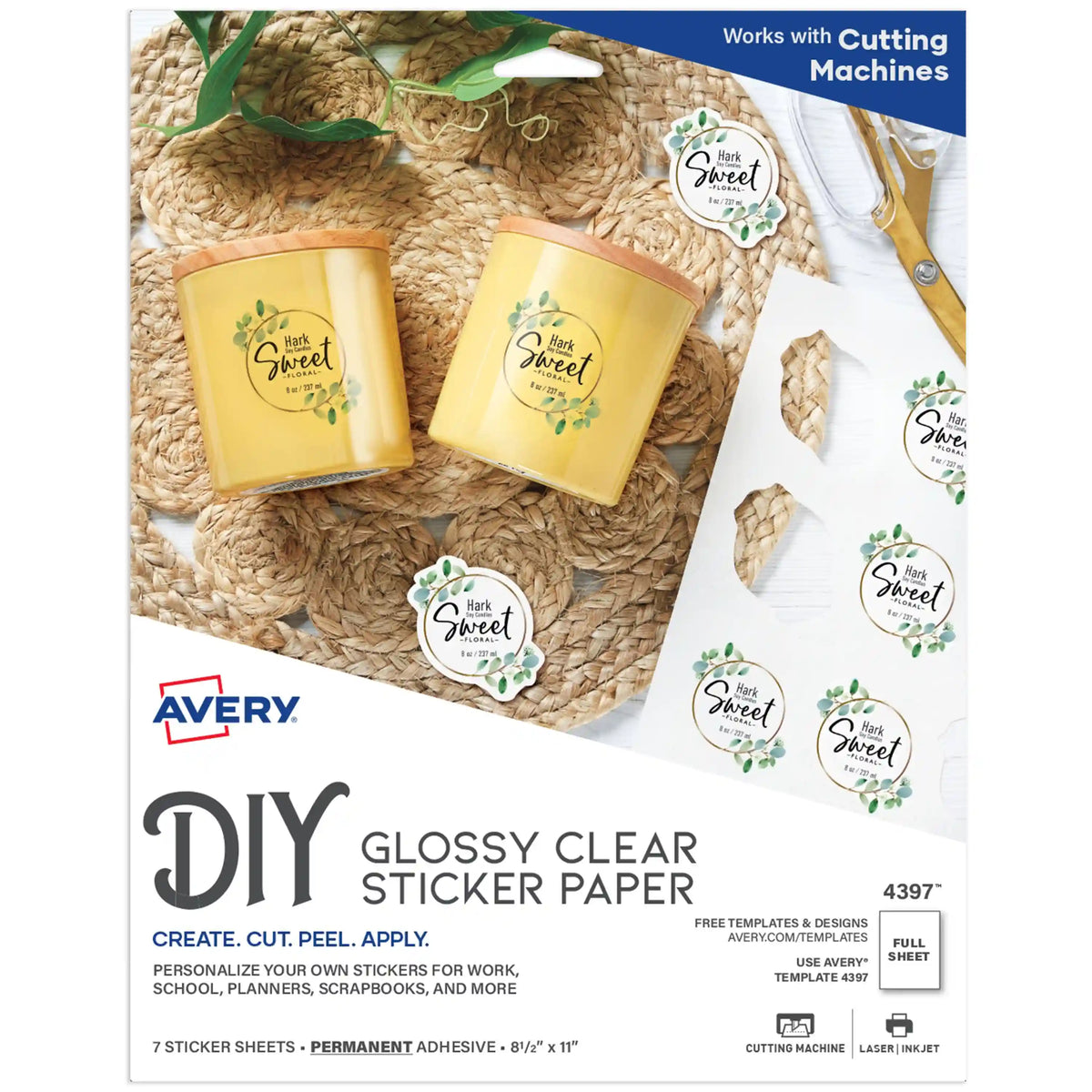 Avery Sticker Paper, 8-1/2" x 11", Glossy Clear, Permanent, Laser/Inkjet Compatible, 7 Full-Size Sheets
