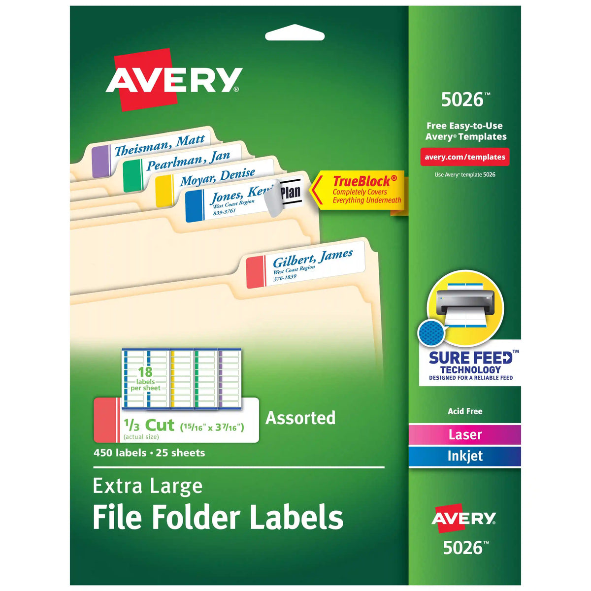 TrueBlock® Extra Large File Folder Labels, 15/16" x 3-7/16", 450 Printable Labels, Permanent, Assorted Colors