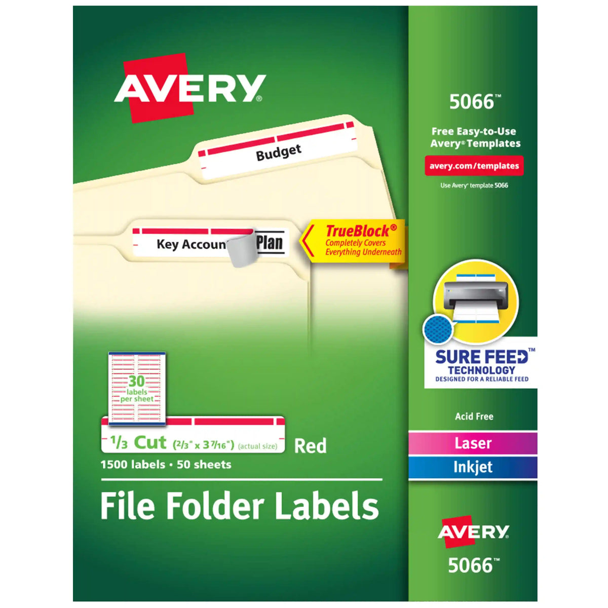 TrueBlock® File Folder Labels, 2/3” x 3-7/16”, 1,500 Printable Labels, Permanent Adhesive, White/Red