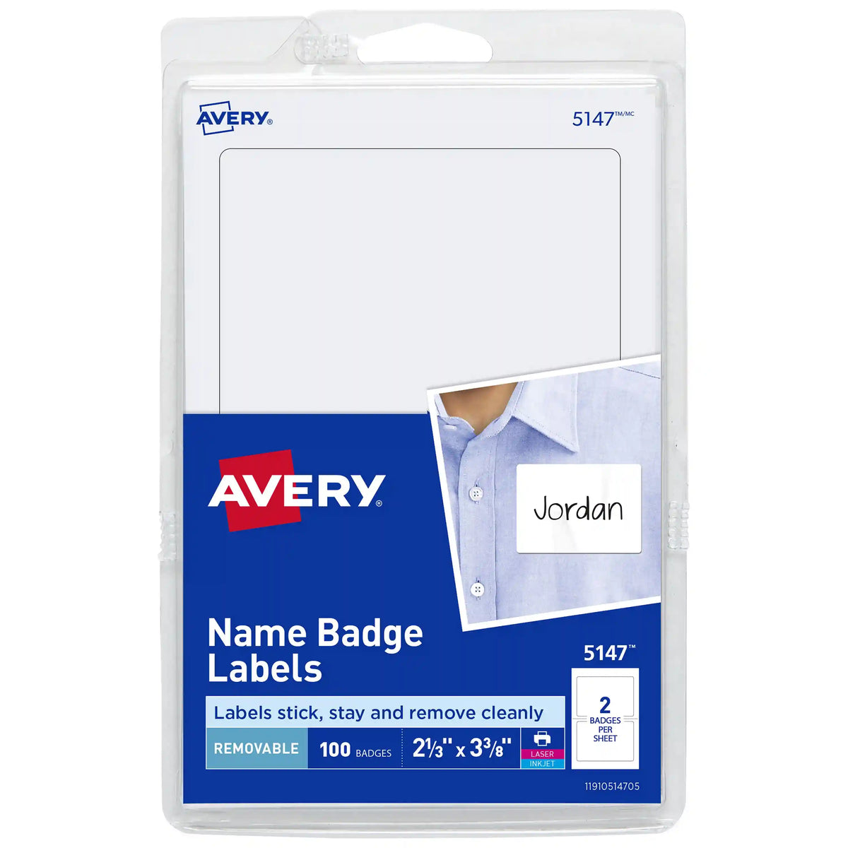 Avery® Adhesive Name Badge Labels, 2-1/3" x 3-3/8", White, 100 Removable Name Badges (05147)