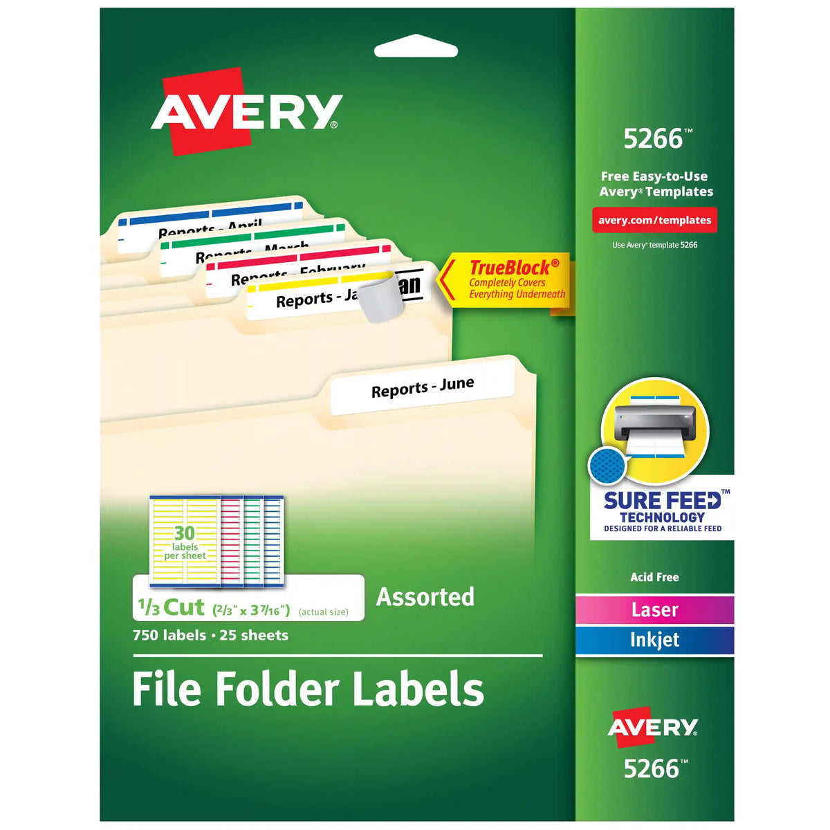 TrueBlock® File Folder Labels, 2/3” x 3-7/16”, 750 Printable Labels, Permanent, Assorted Colors