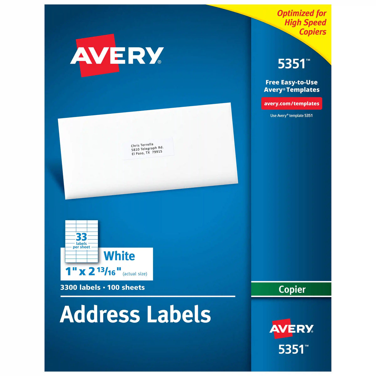Avery® Address Labels for Copiers, 1" x 2-13/16", 3,300 White Labels