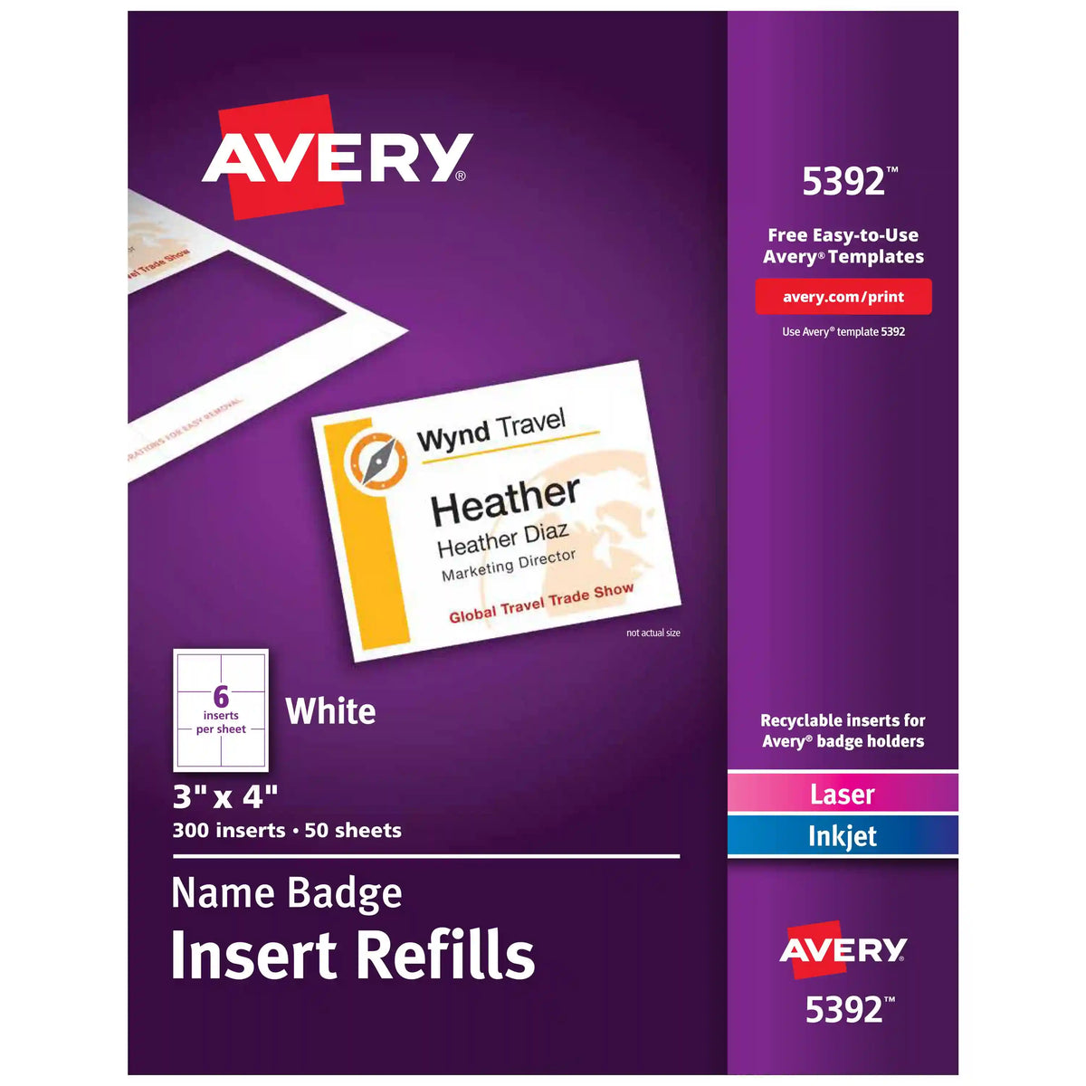 Avery® Name Badge Insert Refills, 3" x 4", White, 300 Printable Name Tag Inserts