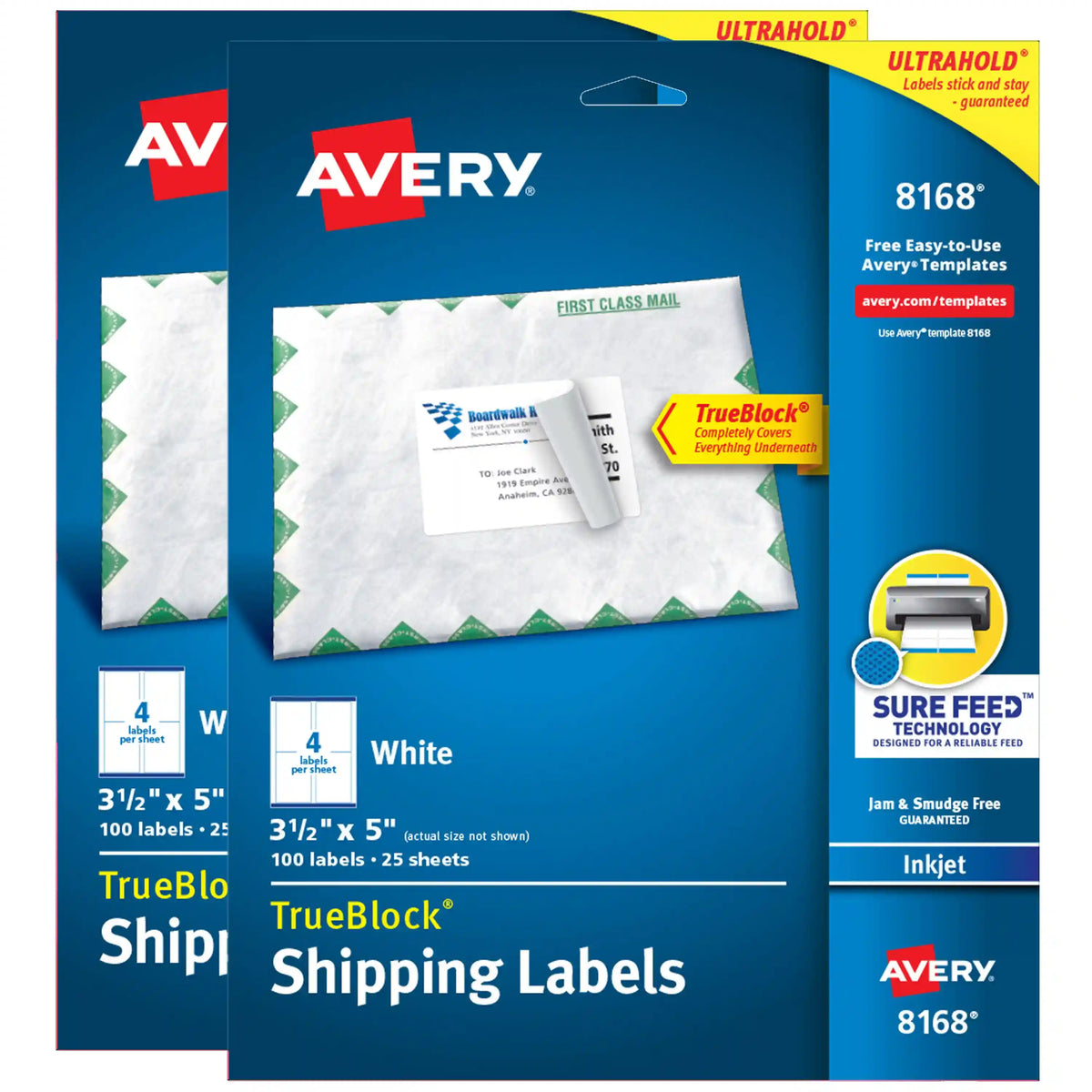 TrueBlock® Shipping Labels, 3-1/2" x 5", Sure Feed™, Permanent Adhesive, White, 2 Pack, 200 Labels Total