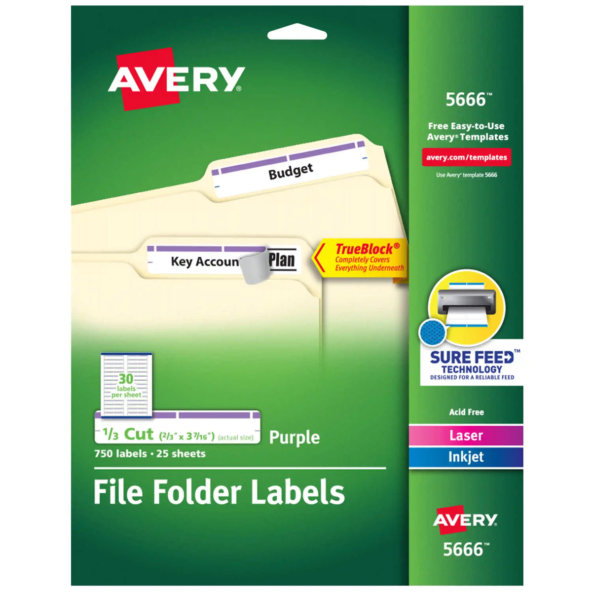 TrueBlock® File Folder Labels, 2/3” x 3-7/16”, 750 Printable Labels, Permanent Adhesive, White/Purple
