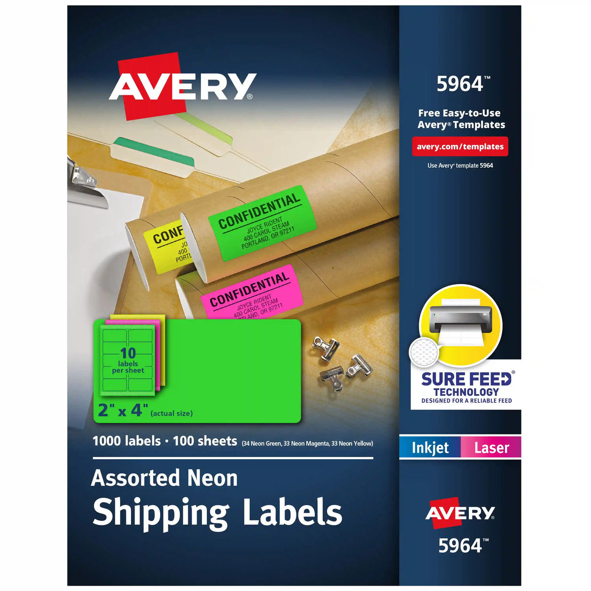 Avery Shipping Labels with Sure Feed, 2"x 4", Assorted Neon Colors, Laser & Inkjet Compatible, 1,000 Labels Total