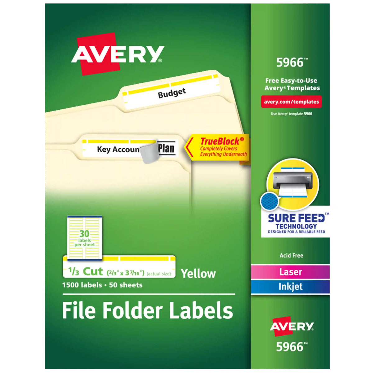 TrueBlock® File Folder Labels, 2/3” x 3-7/16”, 1,500 Printable Labels, Permanent Adhesive, White/Yellow
