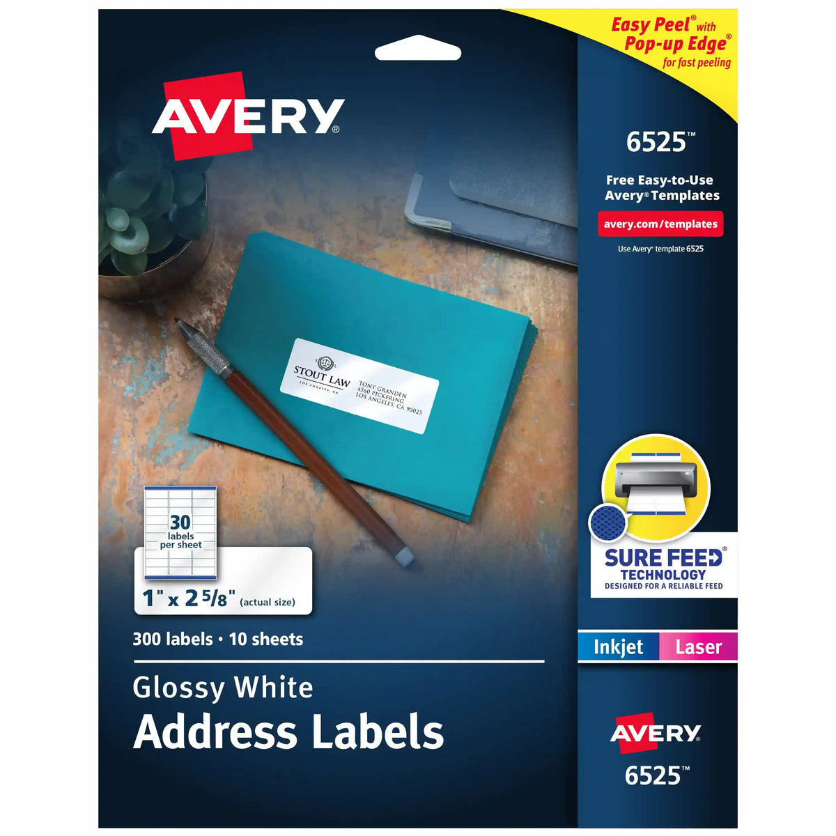 Avery® Address Labels with Sure Feed® Technology, Glossy White, 1" x 2-5/8", Permanent Adhesive, Laser/Inkjet, 300 Total