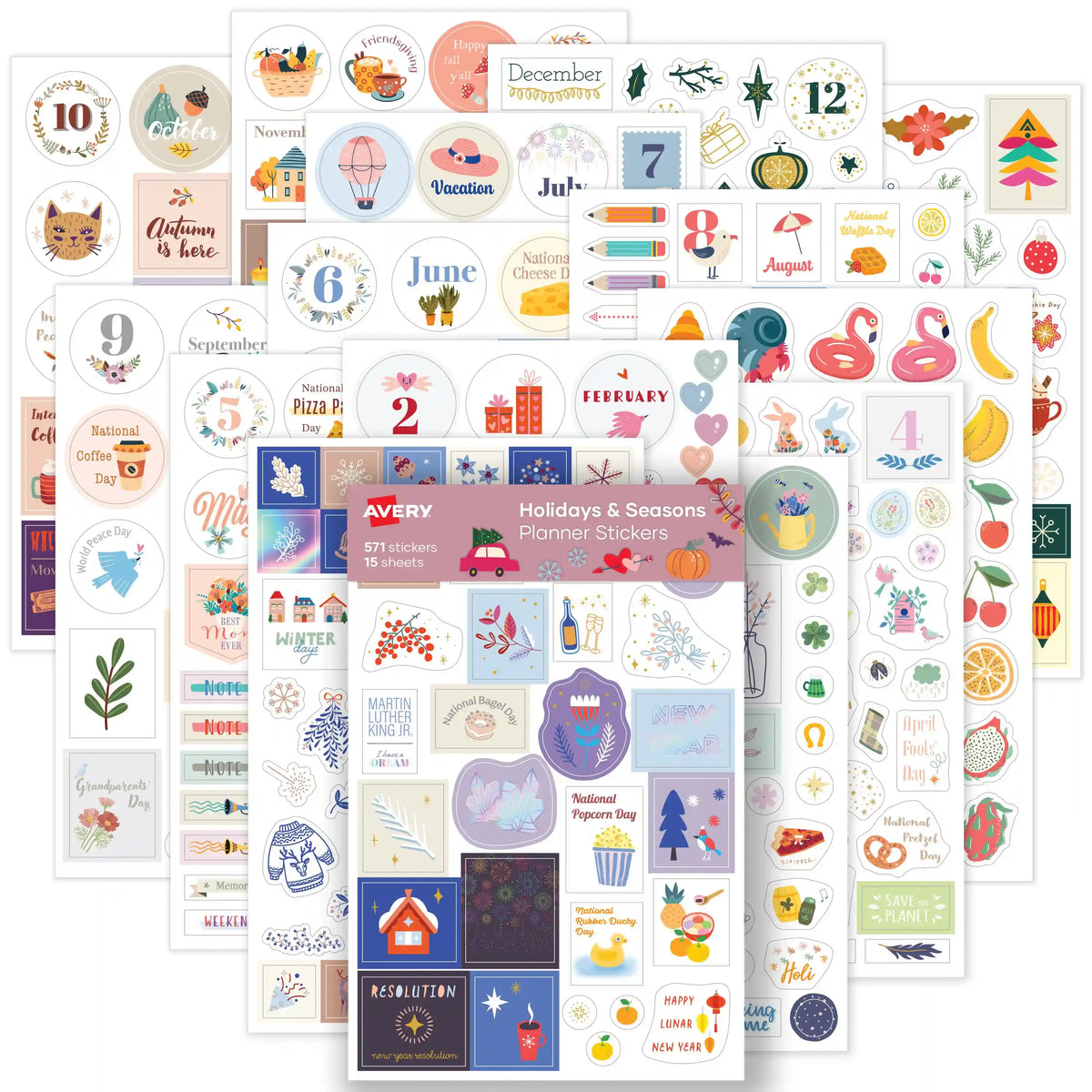 Avery® Holidays and Seasons Planner Sticker Pack, 15 Sheets, 571 Total