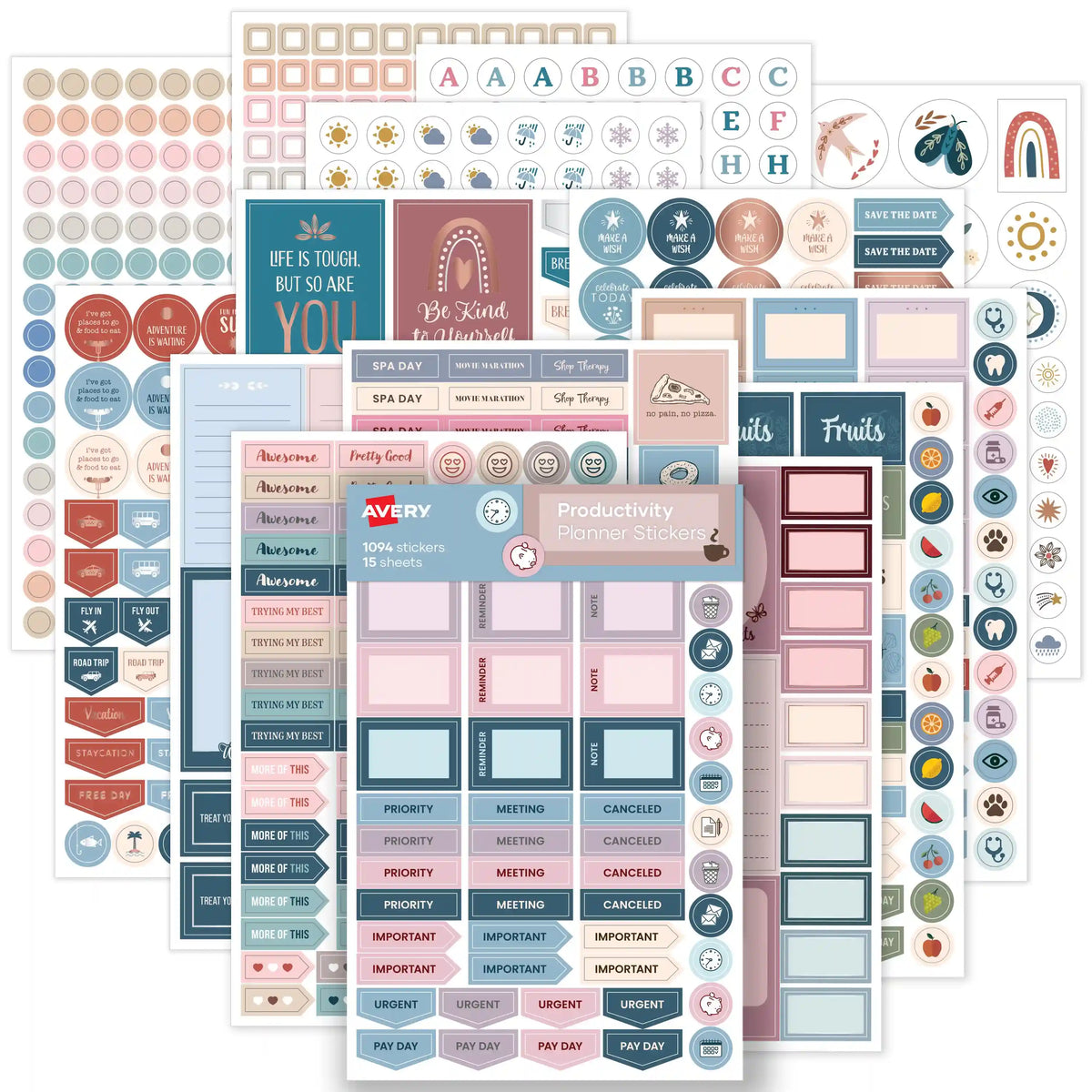 Avery® Productivity Planner Sticker Pack, 15 Sheets, 1,094 Planner Stickers