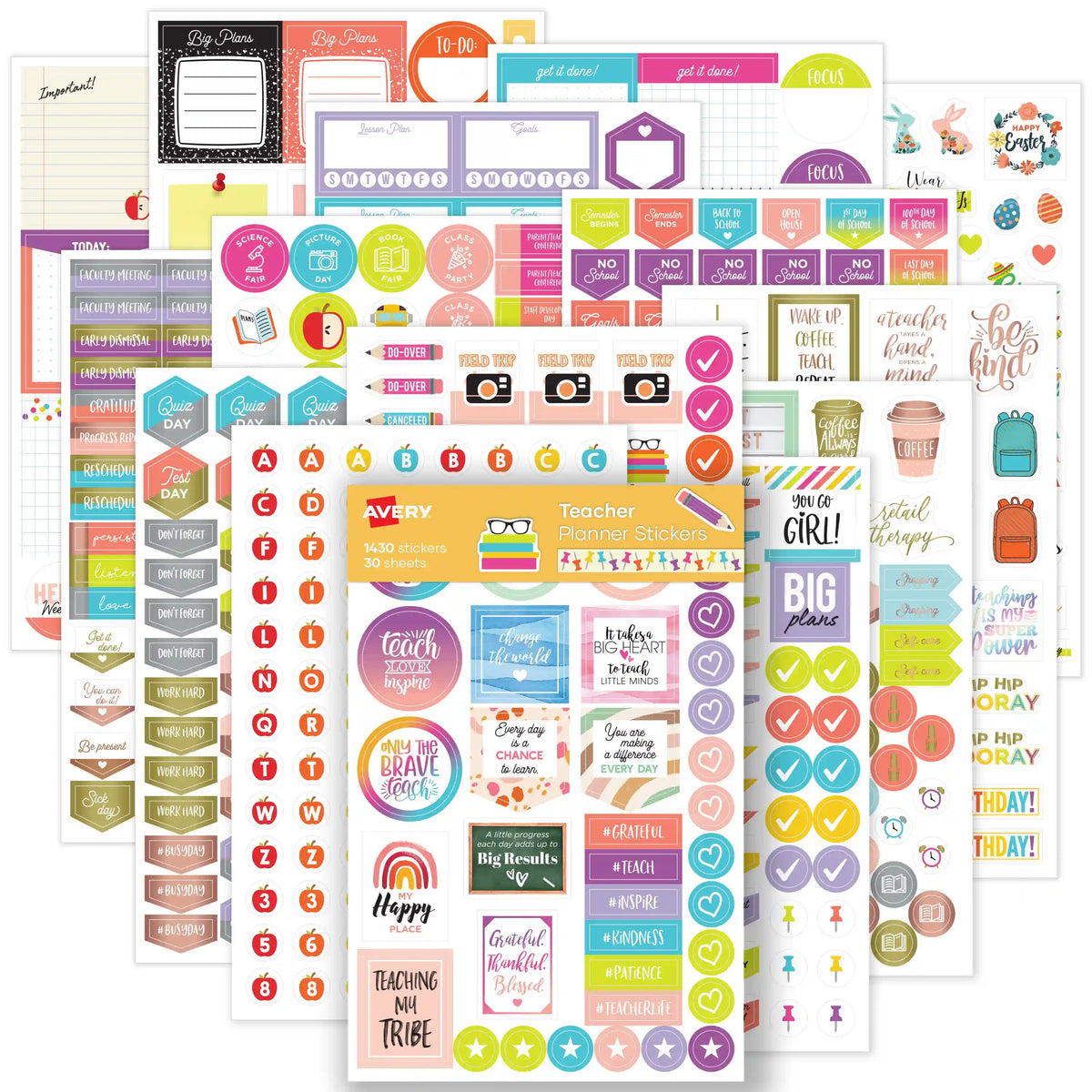 Avery® Teacher Planner Stickers Pack, 30 Sheets of Teacher Planner Stickers, Set of 1,430 Stickers for Your Planner, Journal or Calendar