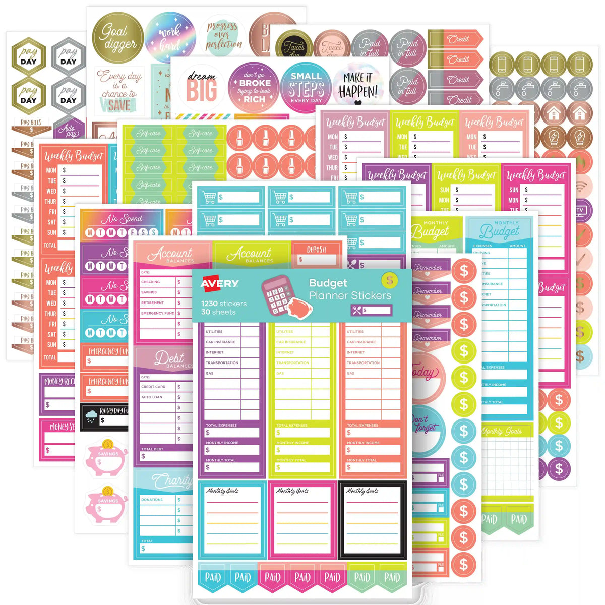 Avery® Budgeting Planner Stickers Variety Pack, 30 Sticker Sheets, 1,230 Stickers Total