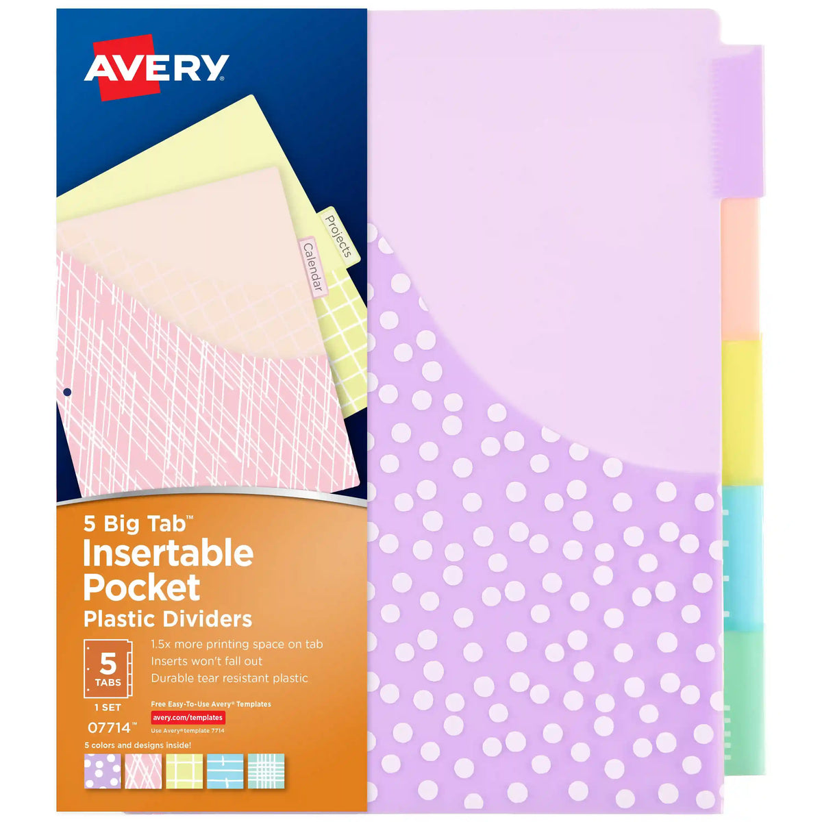 Avery® Big Tab™ Plastic Dividers with Pockets, 5-Tab, Pastel Classic Designs, Works With Sheet Protectors