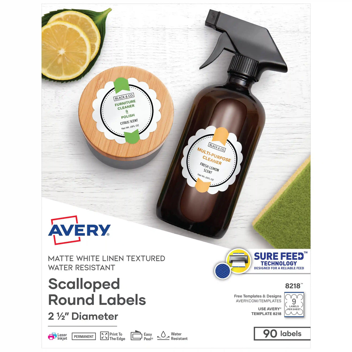 Avery® 2-1/2" Diameter Scallop Round Labels with Sure Feed™, Textured Matte White, 90 Labels, Permanent Adhesive