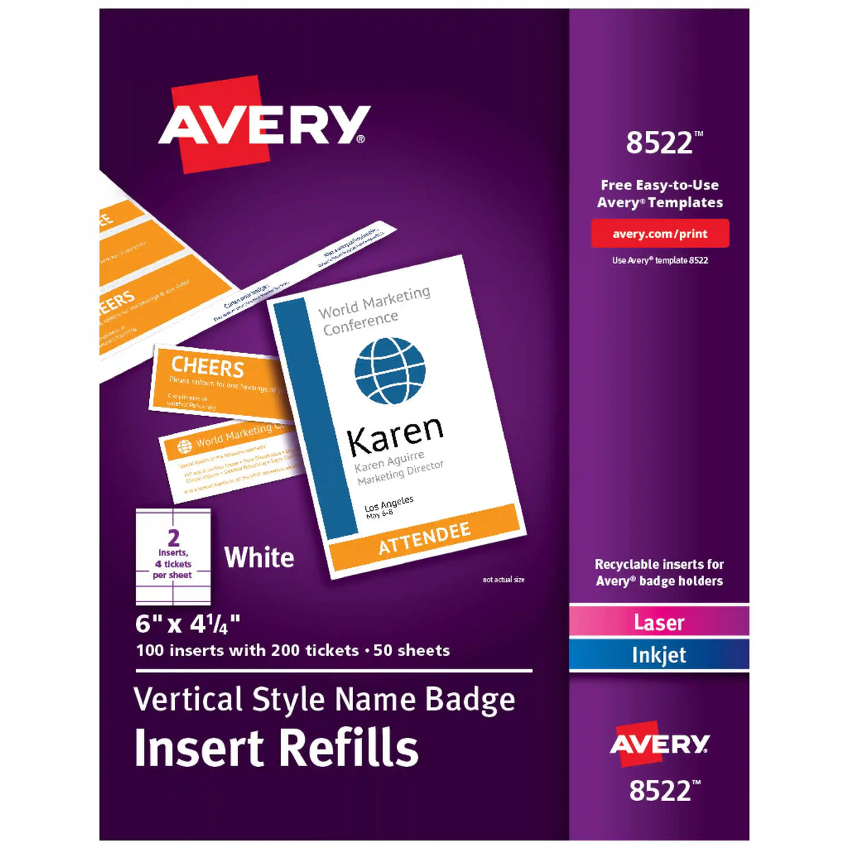 Avery® Vertical Style Name Badge Inserts with Tickets, 6" x 4-1/4", White, 100 Printable Name Tag Inserts