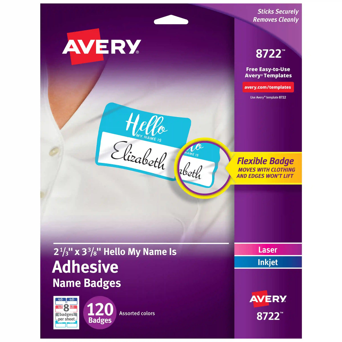 Avery® Flexible Hello My Name Is Adhesive Name Badges, 2-1/3" x 3-3/8", Assorted, 120 Removable Name Badges (08722)
