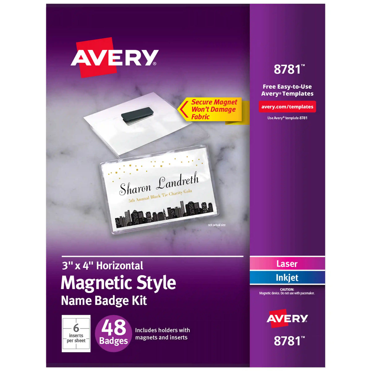 Avery® Name Badges with Magnets, 3" x 4", Clear Name Tag Holders with White Inserts, 48 Magnetic Name Badges