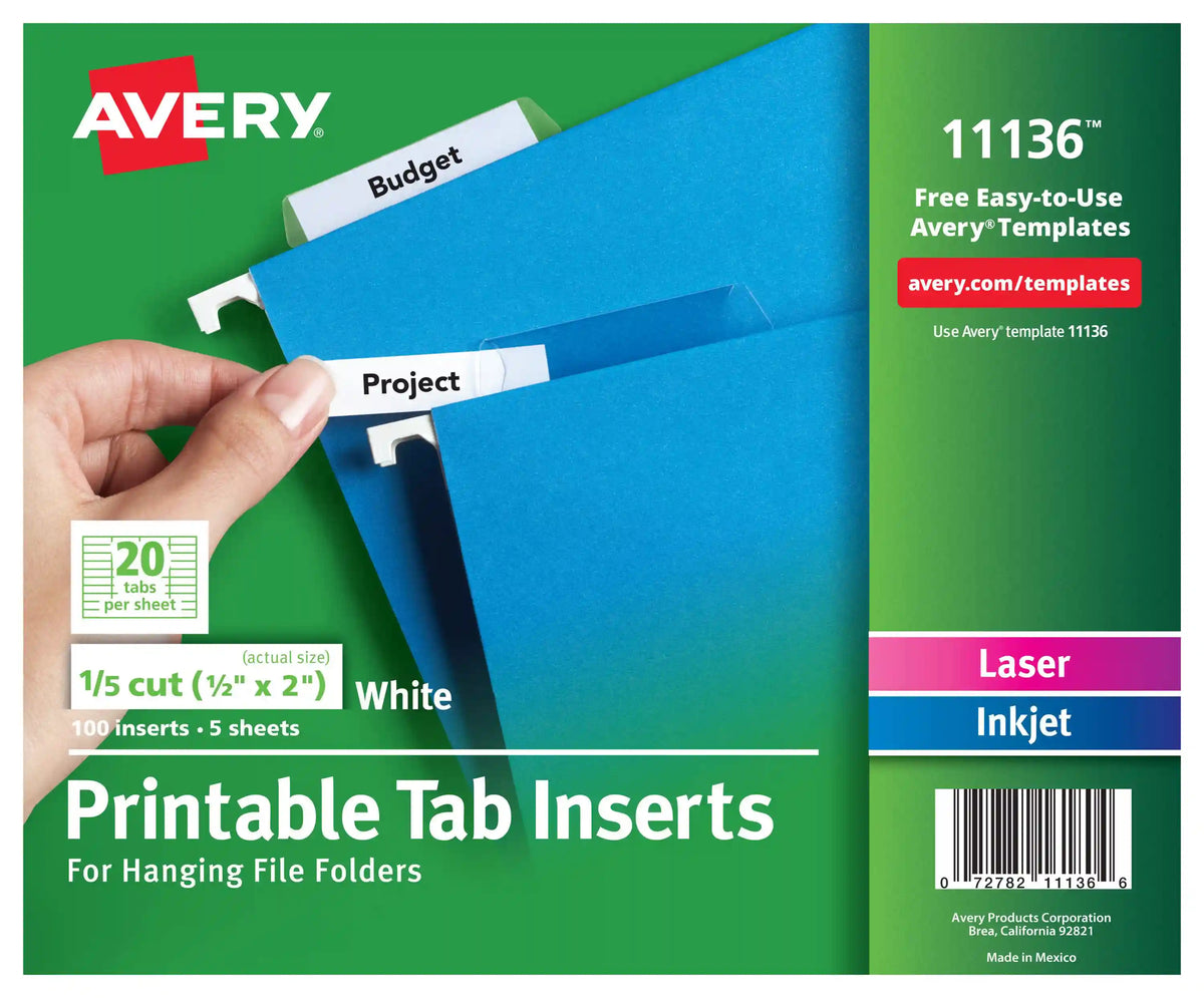 Avery® Printable Tab Inserts for Hanging File Folders, 1/5 cut, 2" Pack of 100
