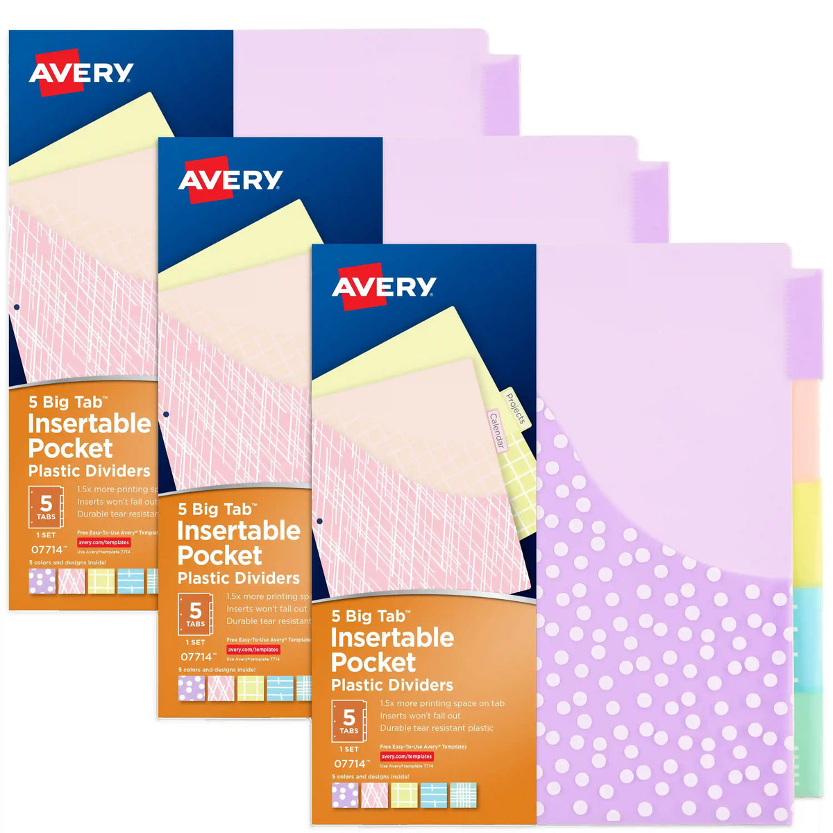 Avery® Big Tab™ Plastic Dividers with Pockets, 5-Tab, Pastel Designs, Works With Sheet Protectors, 3 Sets