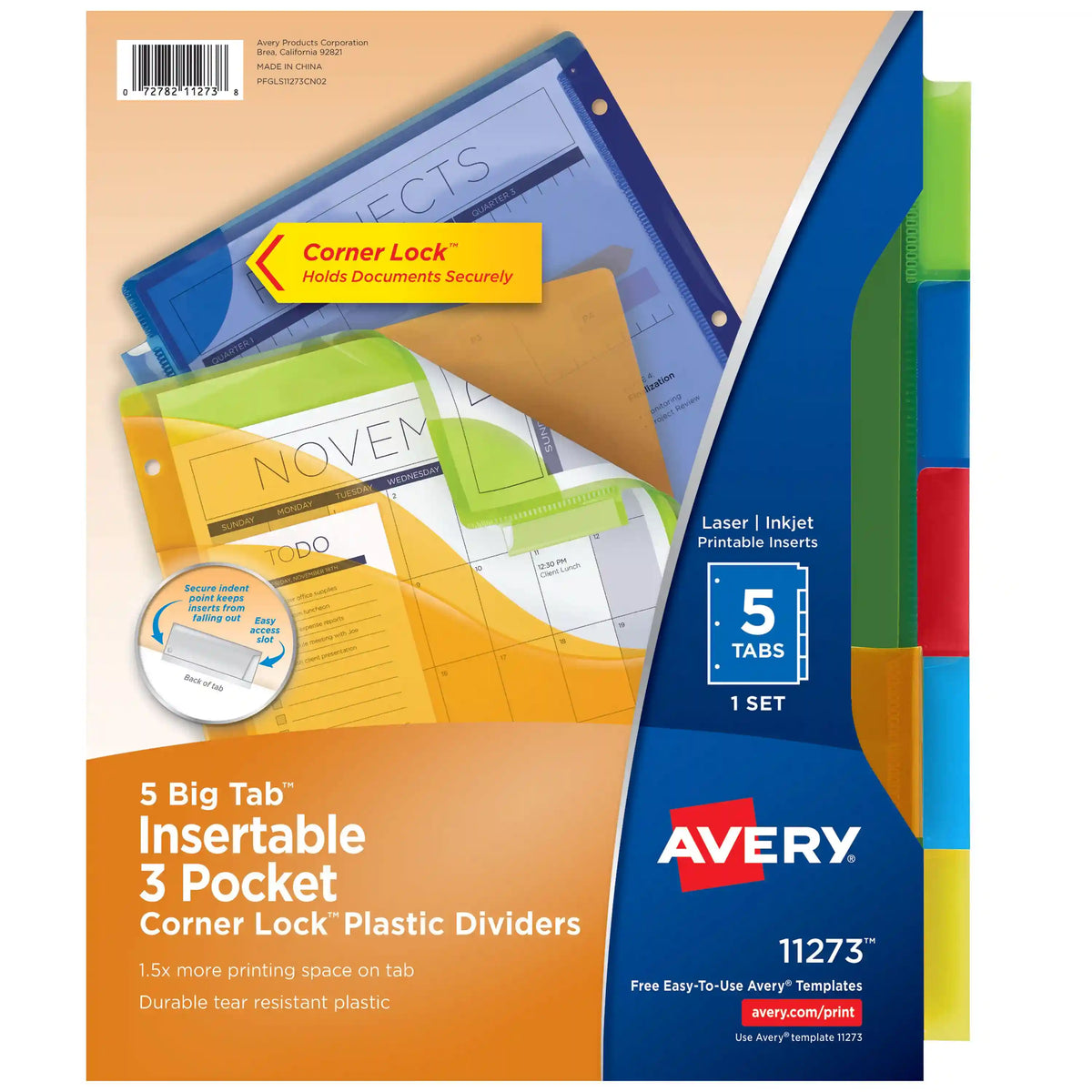 Avery® Big Tab™ Plastic Dividers, 5-Tab, Three-Pocket, Corner Lock, Multicolor, Works With Sheet Protectors