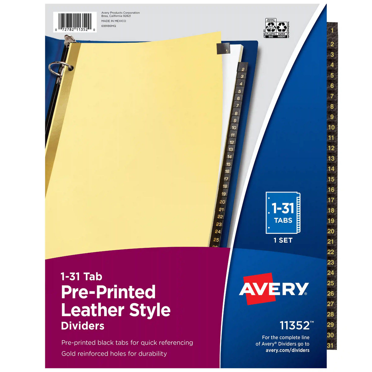 Avery® Black Leather Preprinted Dividers,  31-Tab Set, 1-31