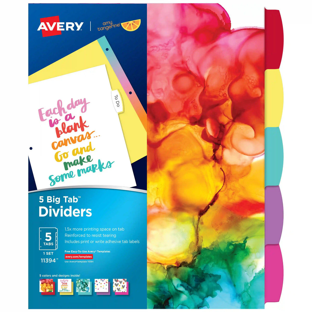 Avery® + Amy Tangerine® Designer Collection Big Tab™ Fashion Dividers, Rainbow Vibes, 5-Tab Set