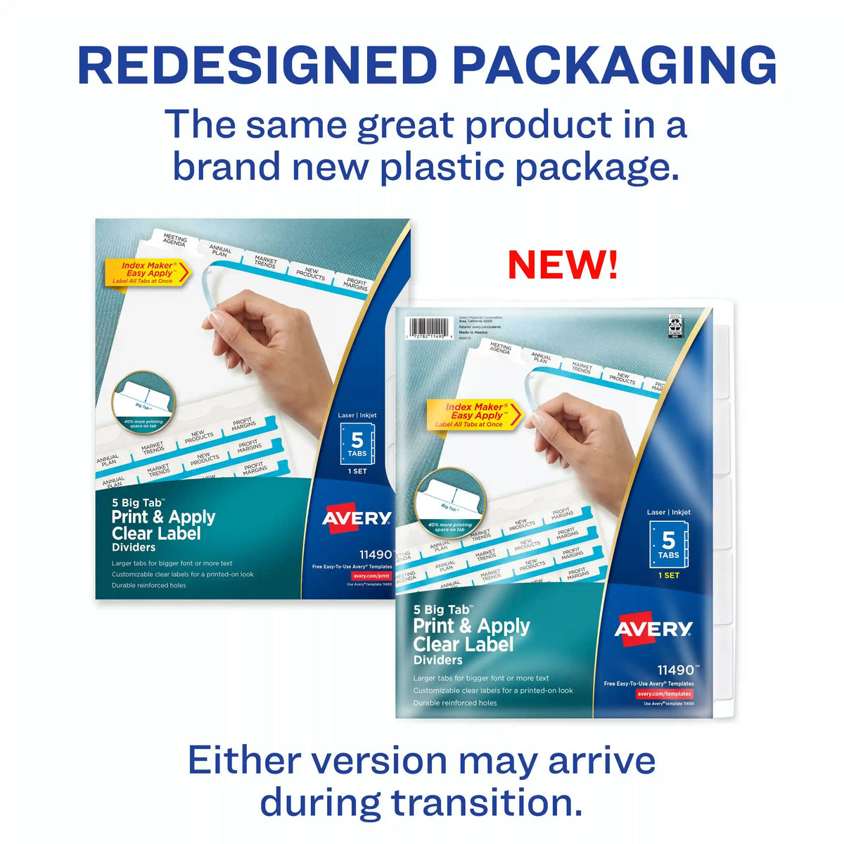Avery® Big Tab™ Print & Apply Clear Label Dividers, Index Maker® Easy Apply™ Printable Label Strip, 5 White Tabs