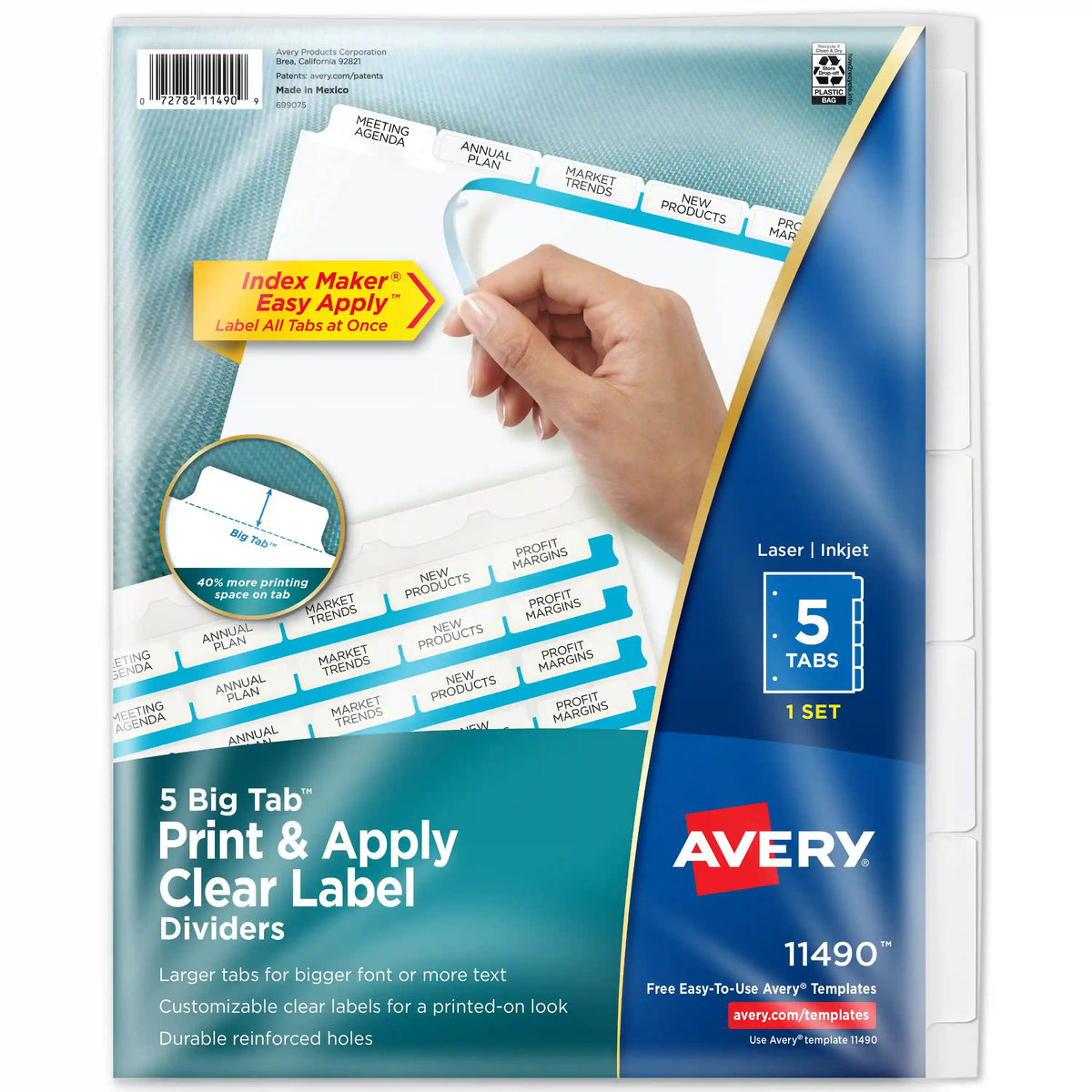 Avery® Big Tab™ Print & Apply Clear Label Dividers, Index Maker® Easy Apply™ Printable Label Strip, 5 White Tabs