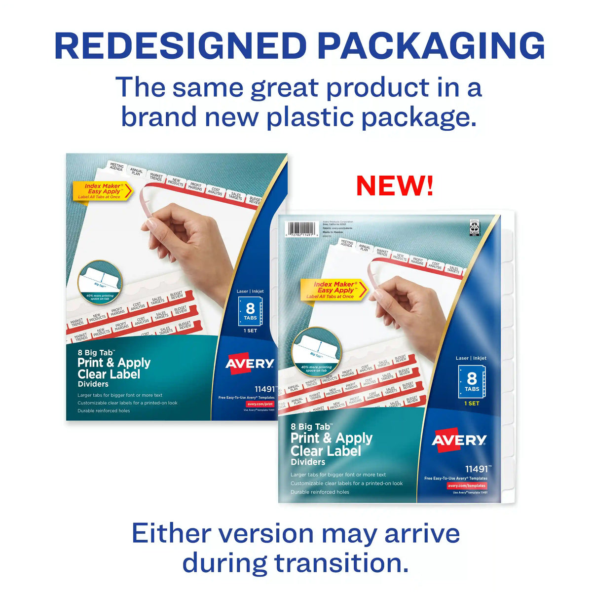 Avery® Big Tab™ Print & Apply Clear Label Dividers, Index Maker® Easy Apply™ Printable Label Strip, 8 White Tabs