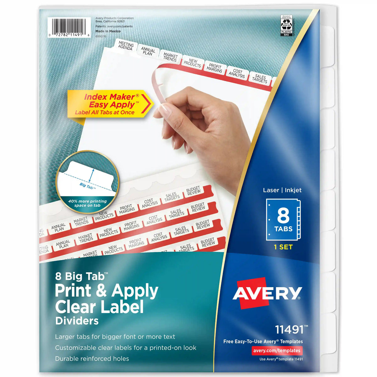 Avery® Big Tab™ Print & Apply Clear Label Dividers, Index Maker® Easy Apply™ Printable Label Strip, 8 White Tabs