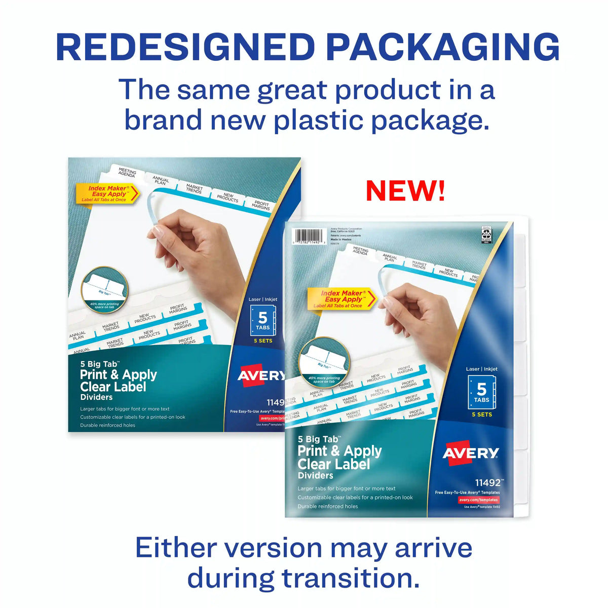 Avery® Big Tab™ Print & Apply Clear Label Dividers, Index Maker® Easy Apply™ Printable Label Strip, 5 White Tabs, 5 Sets