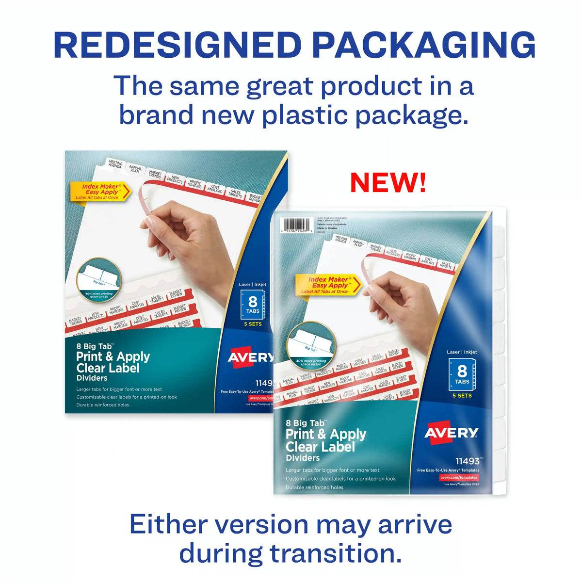 Avery® Big Tab™ Print & Apply Clear Label Dividers, Index Maker® Easy Apply™ Printable Label Strip, 8 White Tabs, 5 Sets