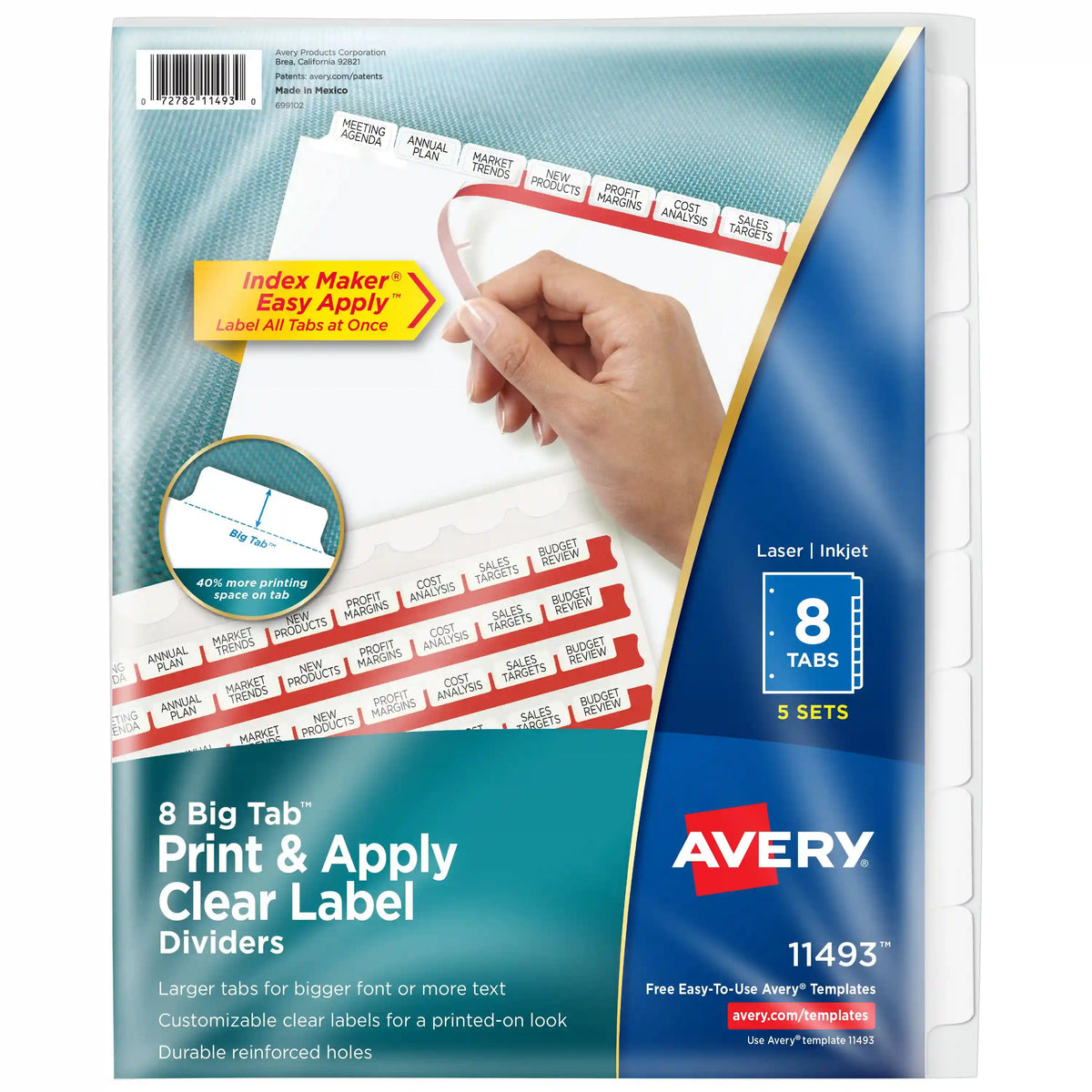Avery® Big Tab™ Print & Apply Clear Label Dividers, Index Maker® Easy Apply™ Printable Label Strip, 8 White Tabs, 5 Sets