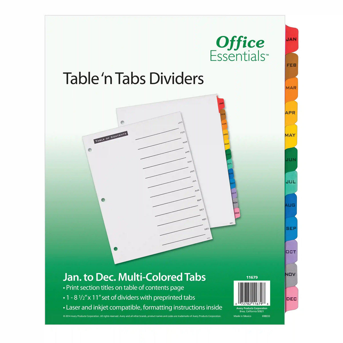 Office Essentials Table 'n Tabs Jan-Dec Dividers, 12-Tab Set, White Paper, Multicolored Tabs, 1 Binder Divider Set