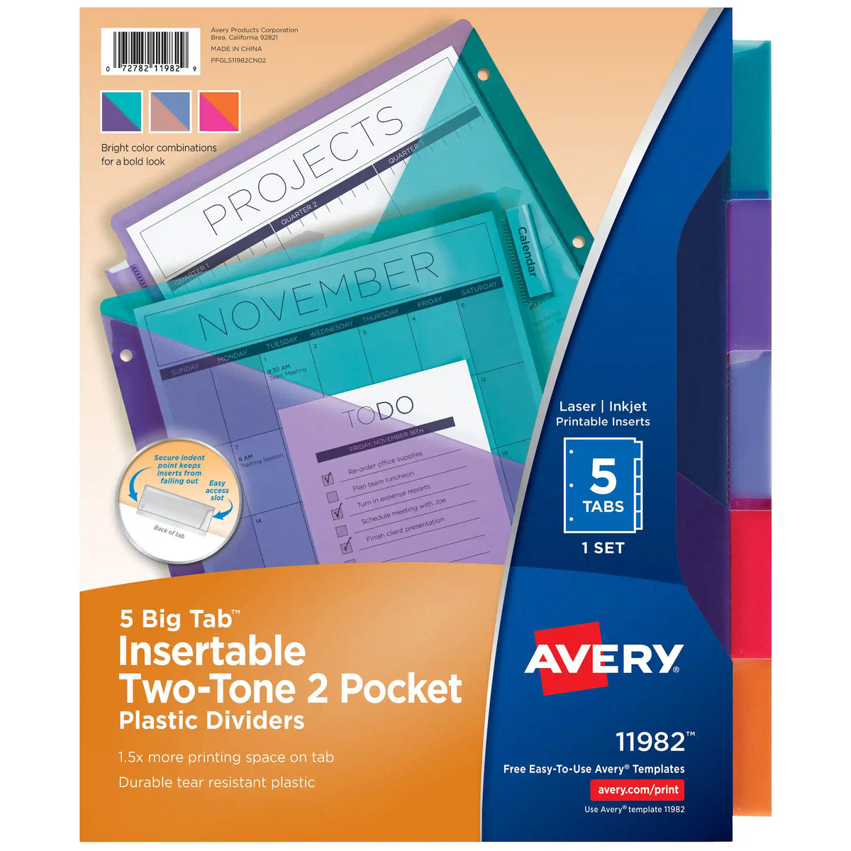 Avery® Big Tab™ Plastic 2 Pocket Insertable Tab Dividers, 5-Tab, Two-Tone Multicolor, Works With Sheet Protectors,