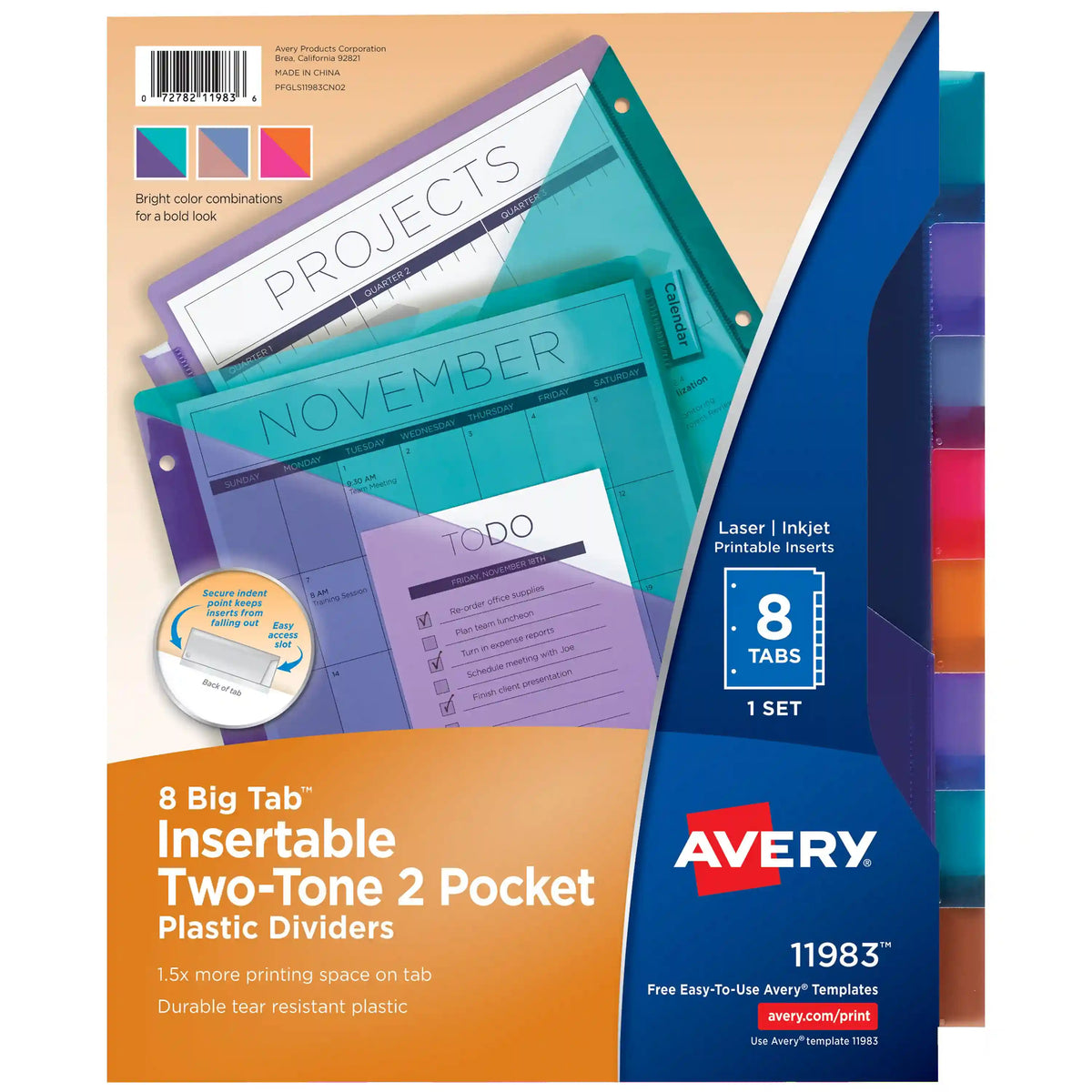 Avery® Big Tab™ Plastic 2 Pocket Insertable Tab Dividers, 8-Tab, Two-Tone Multicolor, Works With Sheet Protectors