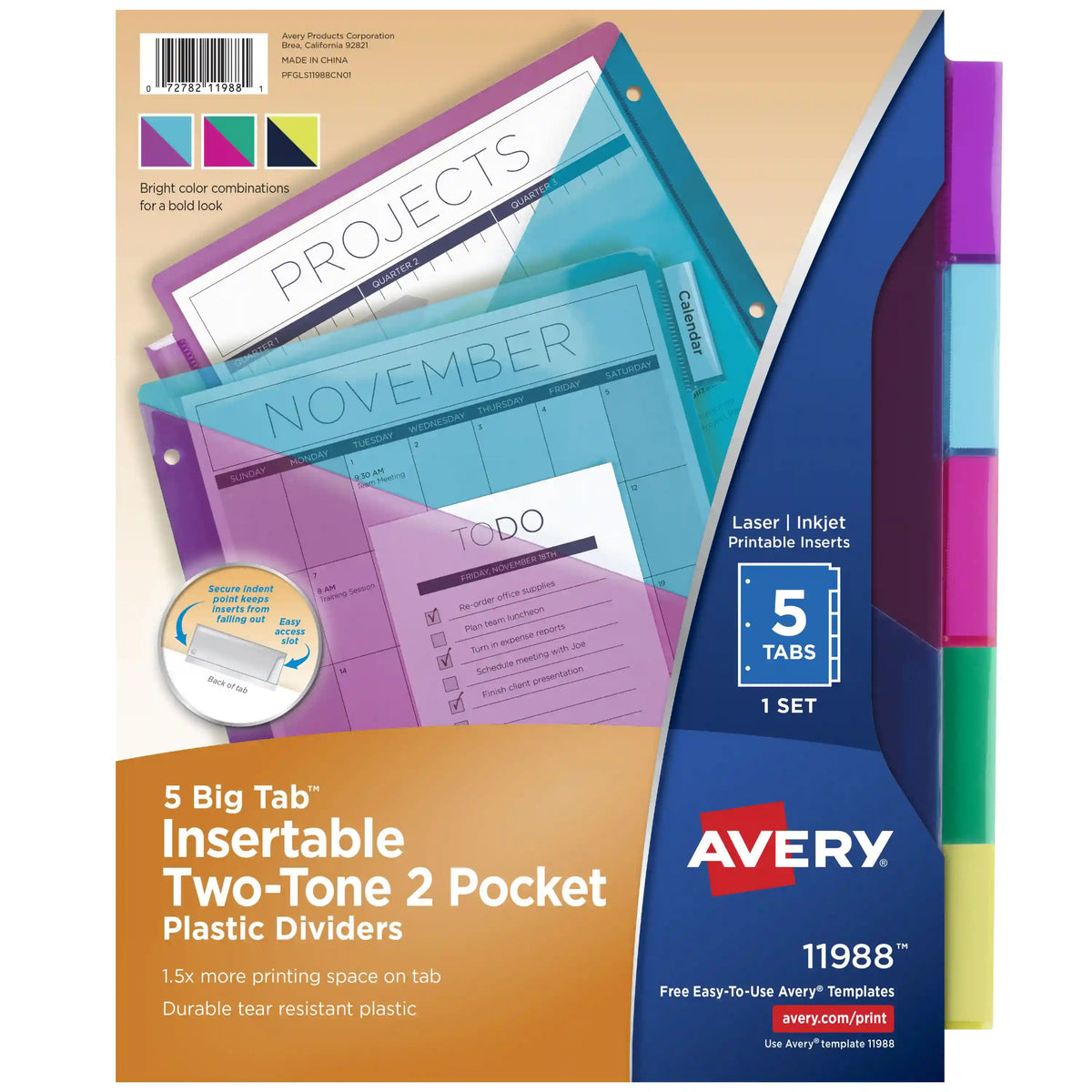 Avery® Big Tab™ Plastic 2 Pocket Insertable Tab Dividers, 5-Tab, Bright Two-Tone Multicolor, Works With Sheet Protectors
