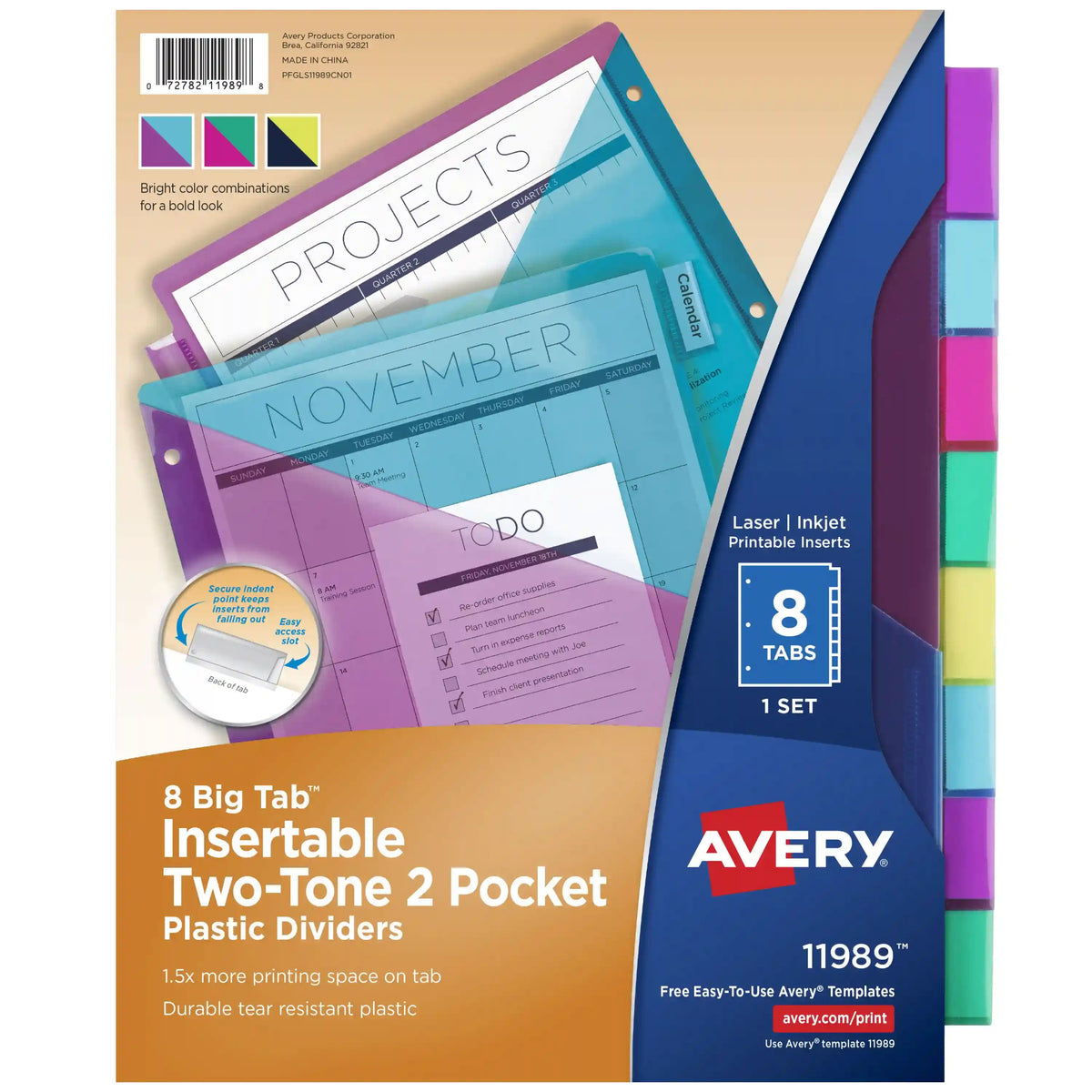 Avery® Big Tab™ Plastic 2 Pocket Insertable Tab Dividers, 8-Tab, Bright Two-Tone Multicolor, Works With Sheet Protectors
