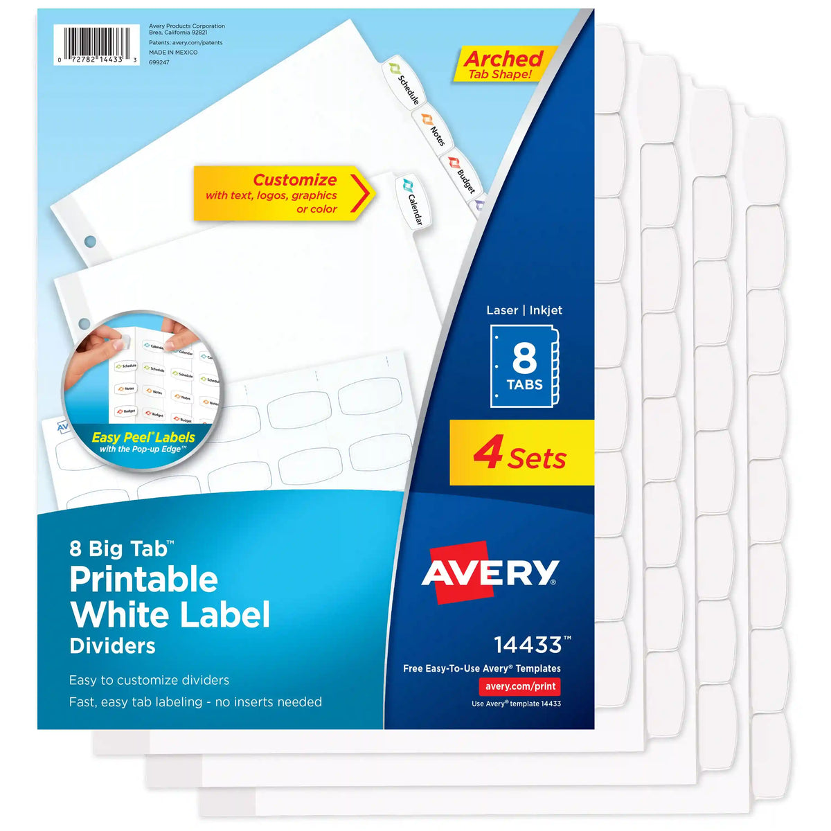 Avery® Big Tab™ Printable White Label Dividers, Easy Peel Labels®, 8 Tabs per Set, White (4 Sets of 14433)